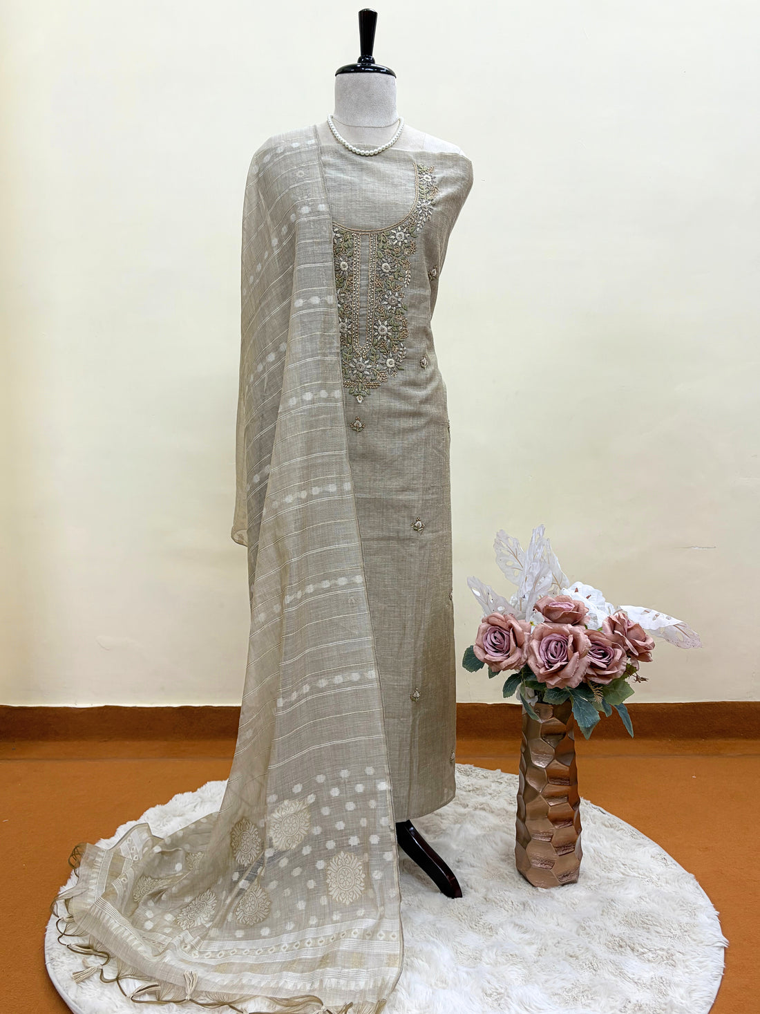 Noor-e-Jaamdani: Taupe Embroidered Suit with Handwoven Jaamdani Dupatta