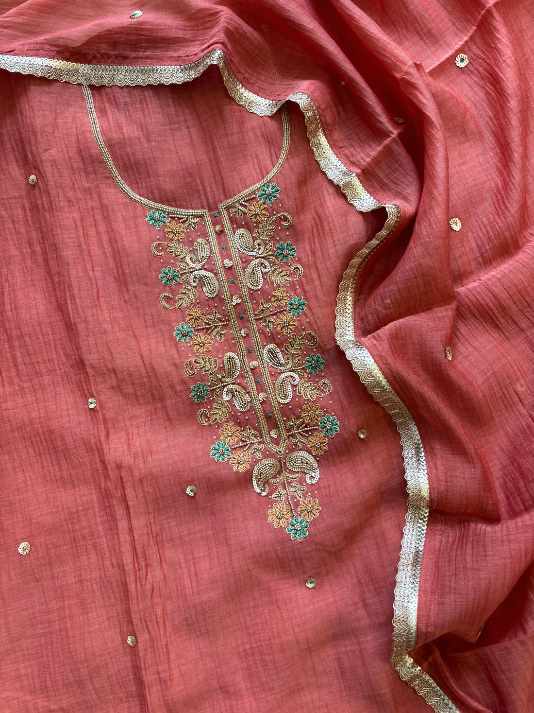 Elegant Rust Mal Cotton Suit with Bead Embellished Neckline