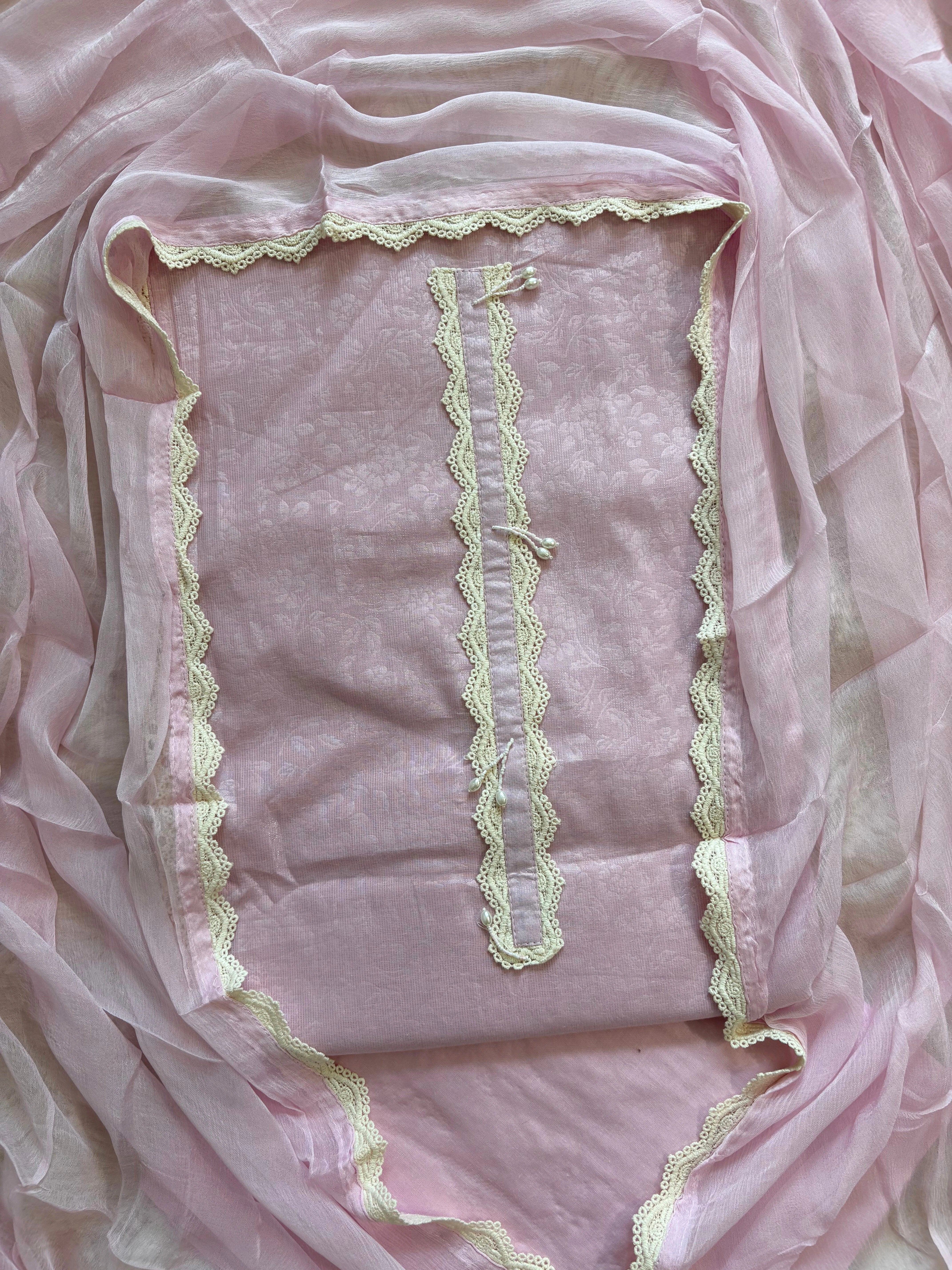 Pastel Pink Schiffli Cotton Suit with Lace Accents & Pearl Embroidery | Summer Festive Lawn Collection