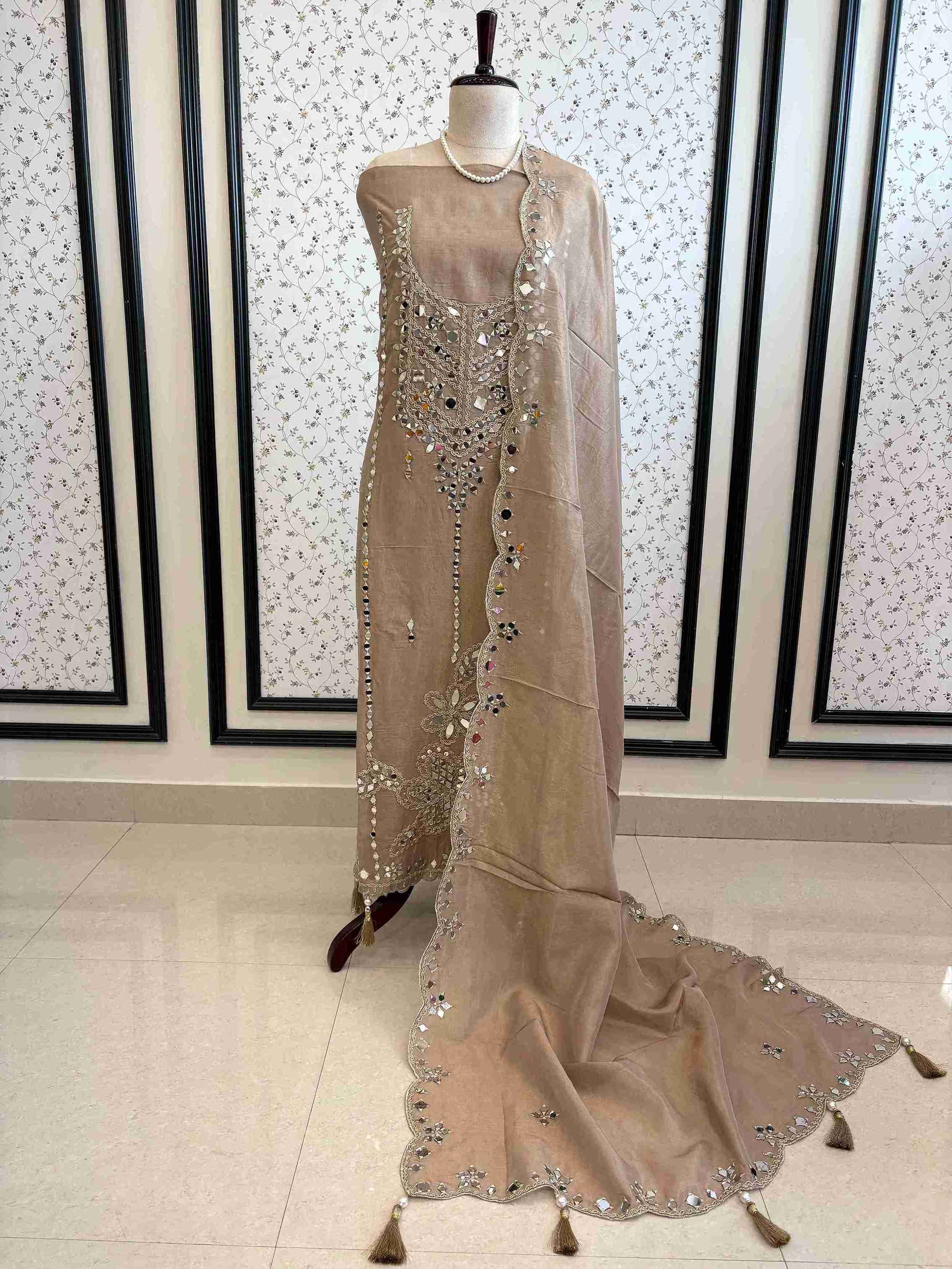 Tissue Silk unstitched suit with Mirror work - The Zareesh