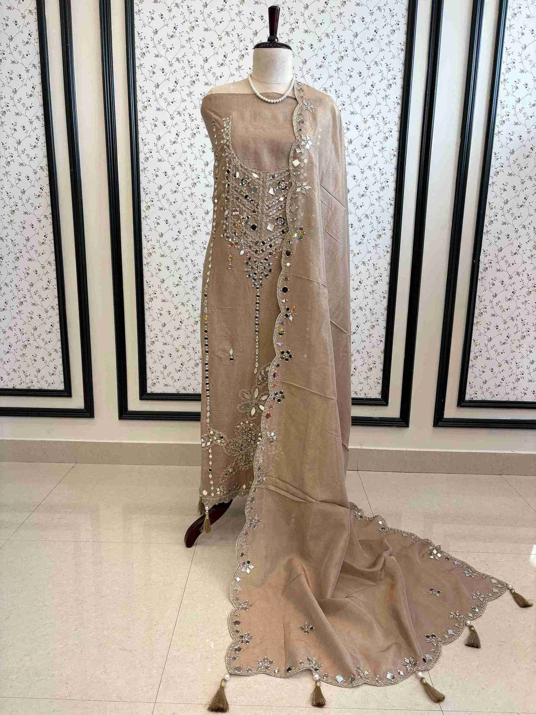Tissue Silk unstitched suit with Mirror work - The Zareesh