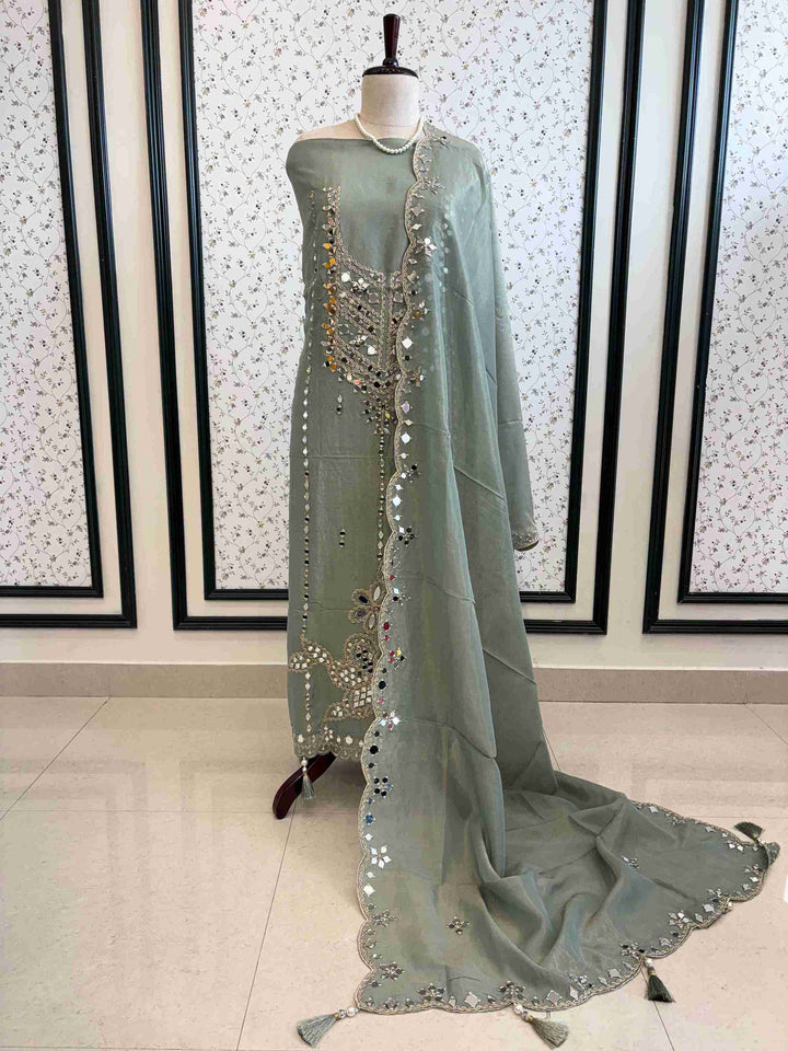 Tissue Silk unstitched suit with Mirror work - The Zareesh