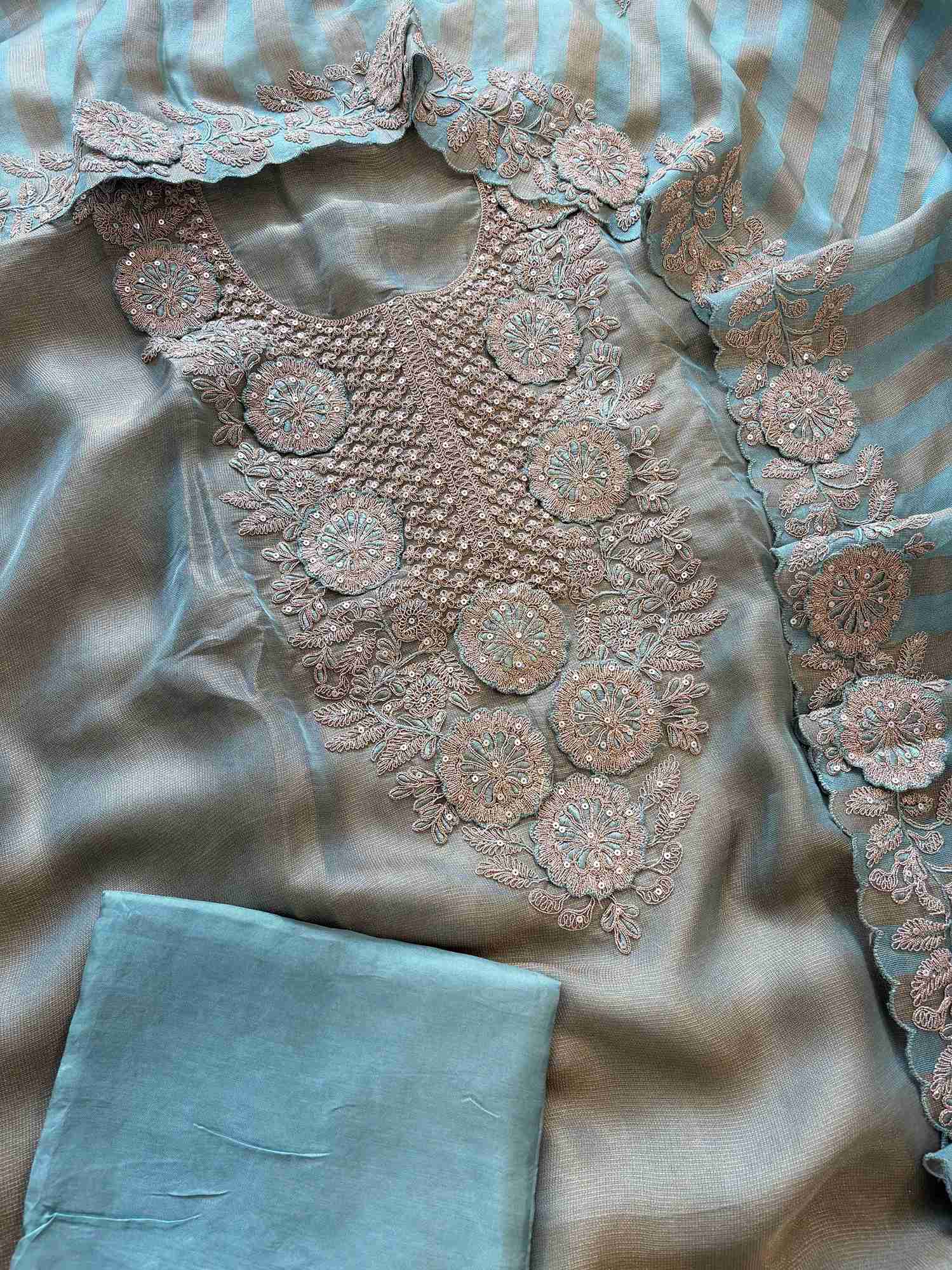 Tissue Unstitched Suit with Heavy Dori Work Neckline and Hemline