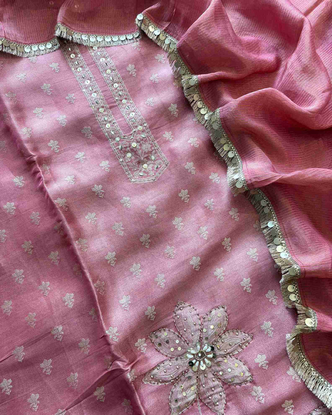Shimmer Tissue unstitched suit in Pink color- The Zareesh