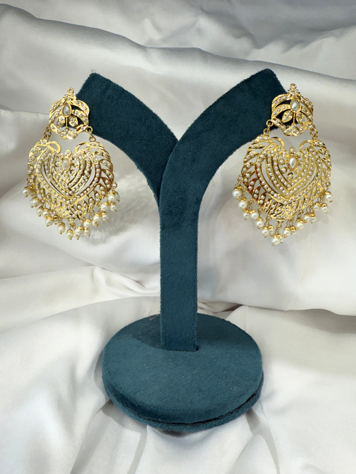 Gold Polish Jadau style Chandbali Earrings with Pearl Drops