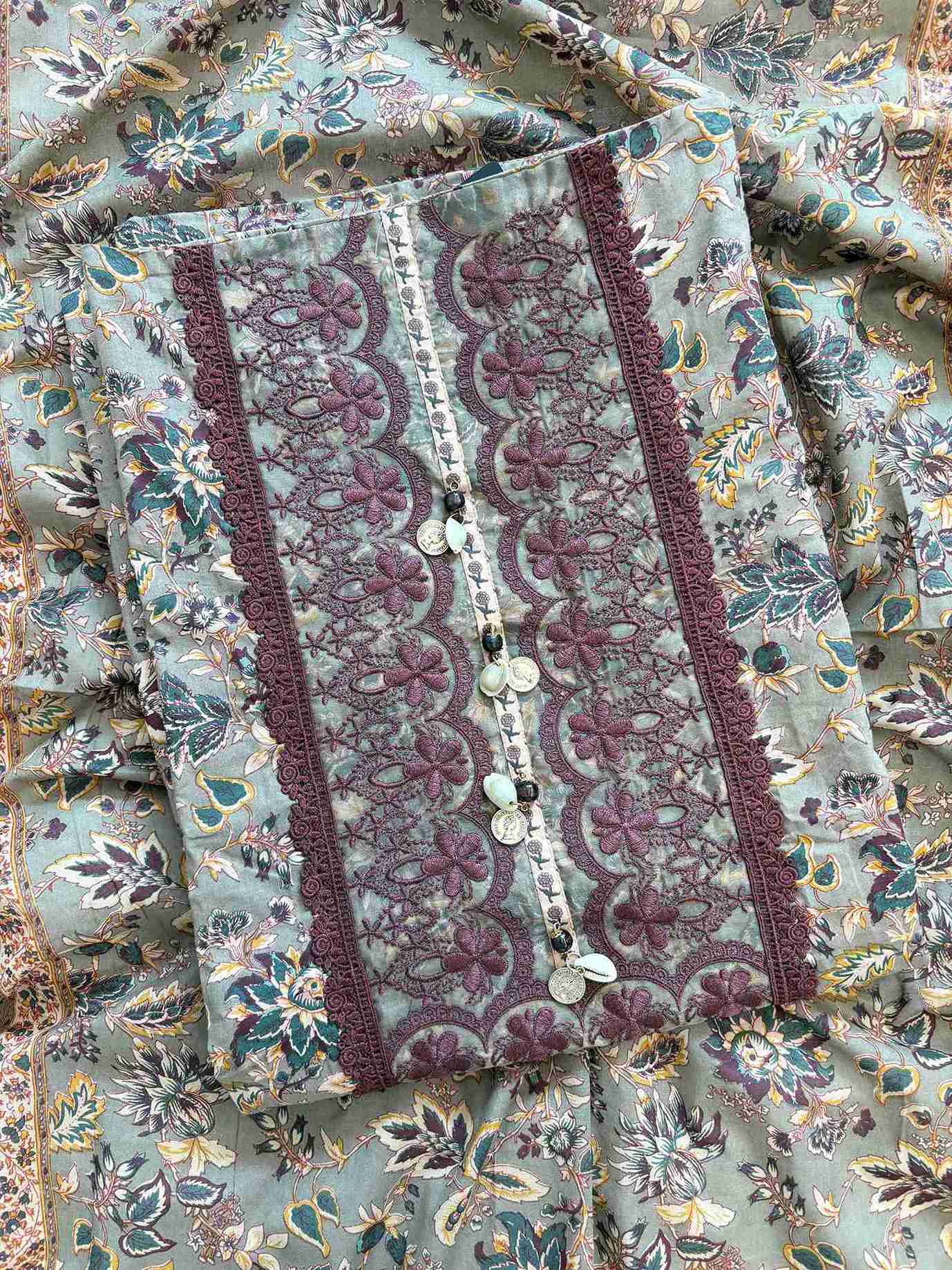 Cotton with lace work unstitched suit- The Zareesh