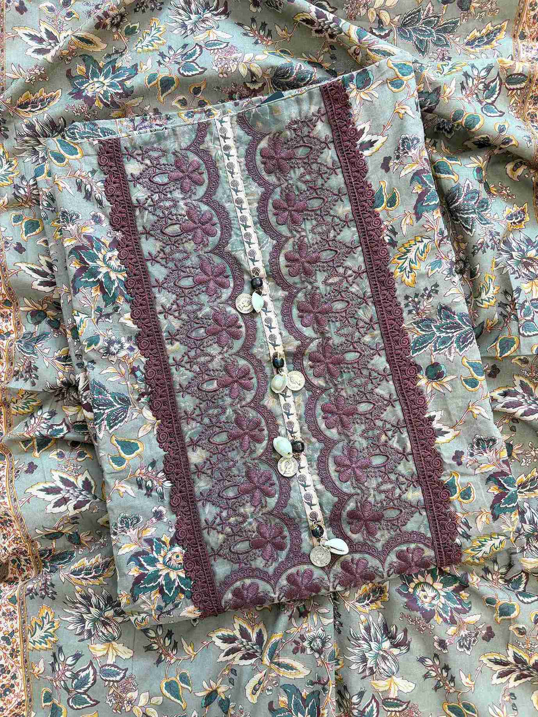 Cotton with lace work unstitched suit- The Zareesh