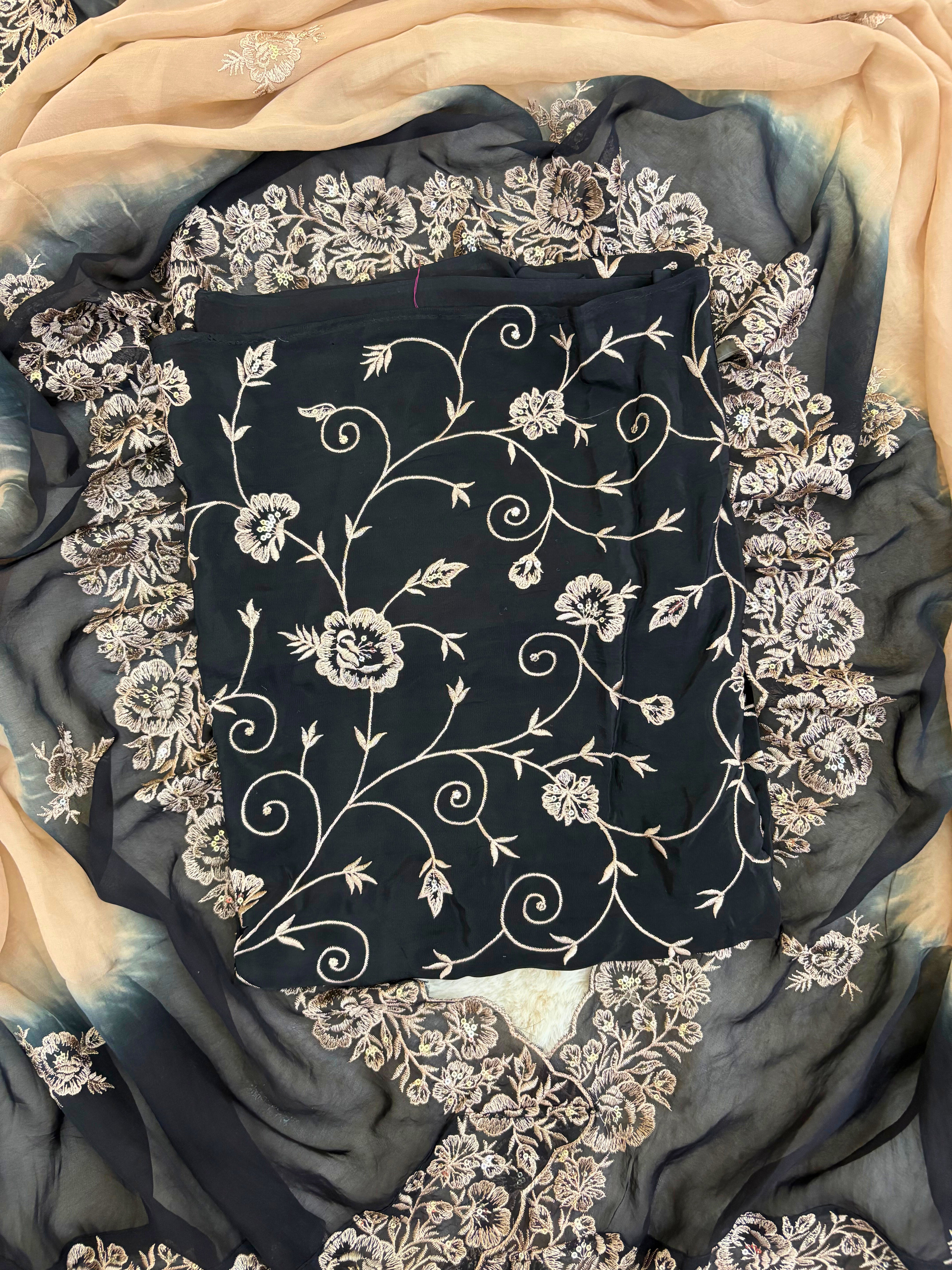 Zewar-e-Noir: Midnight Black Suit with Ivory Thread Embroidery & Ombre Dupatta
