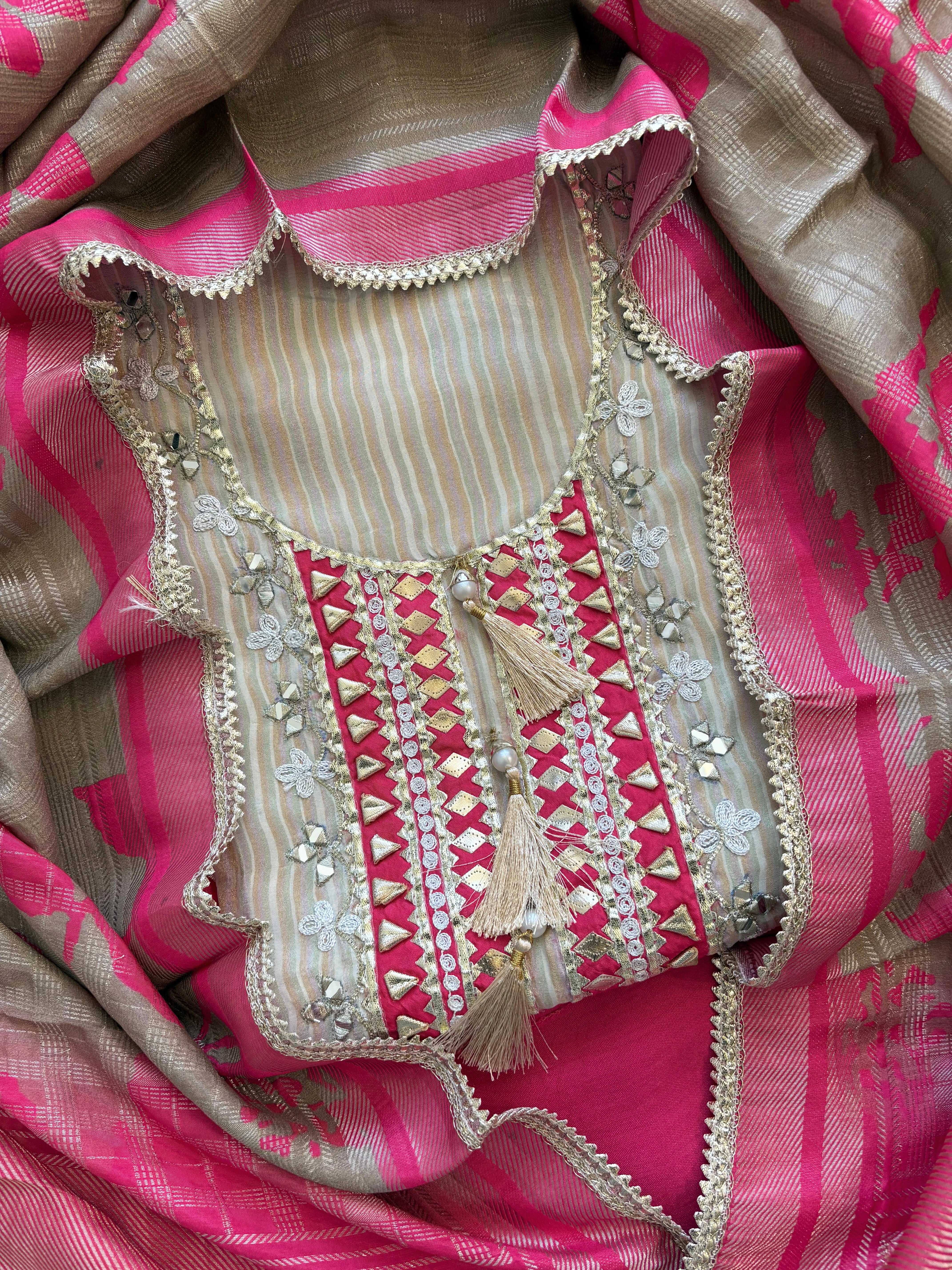 Beige & Pink Shimmer Organza Suit with Gotta Patti Embroidery