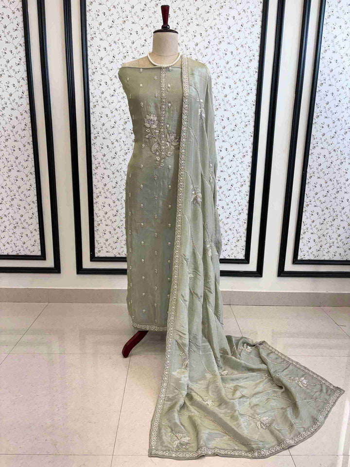 Shimmer Tissue Partywear Unstitched suits with dabka and cutdana work - The Zareesh