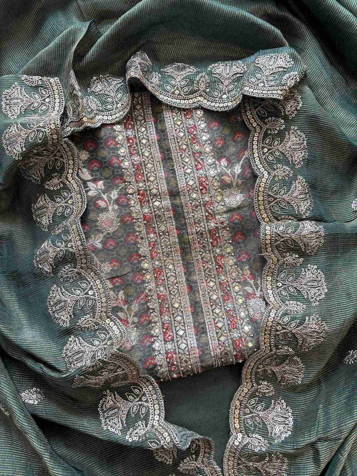 Tissue unstitched suit in Olive Green color- The Zareesh