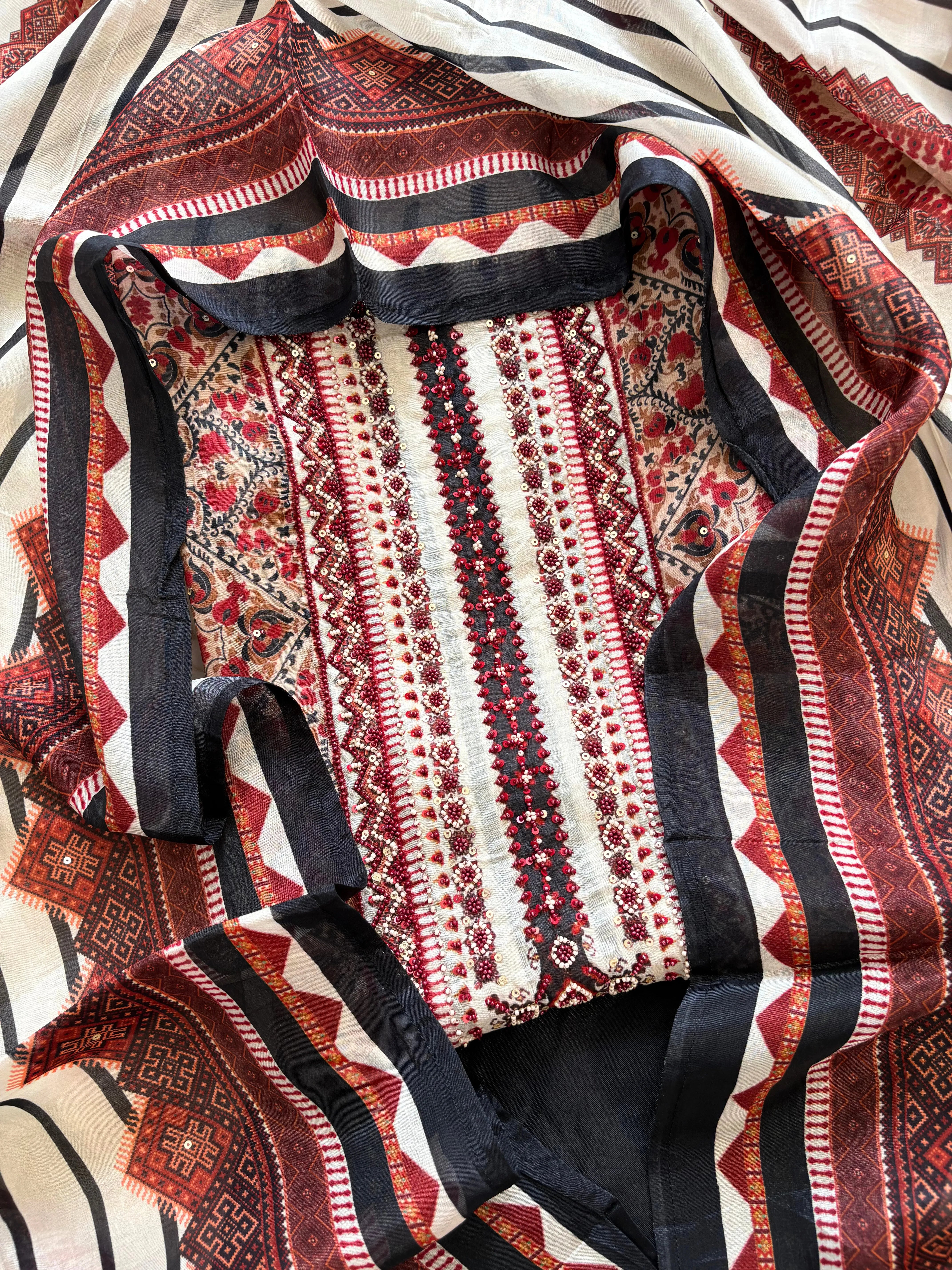 Black and white satin organza unstitched suits for women