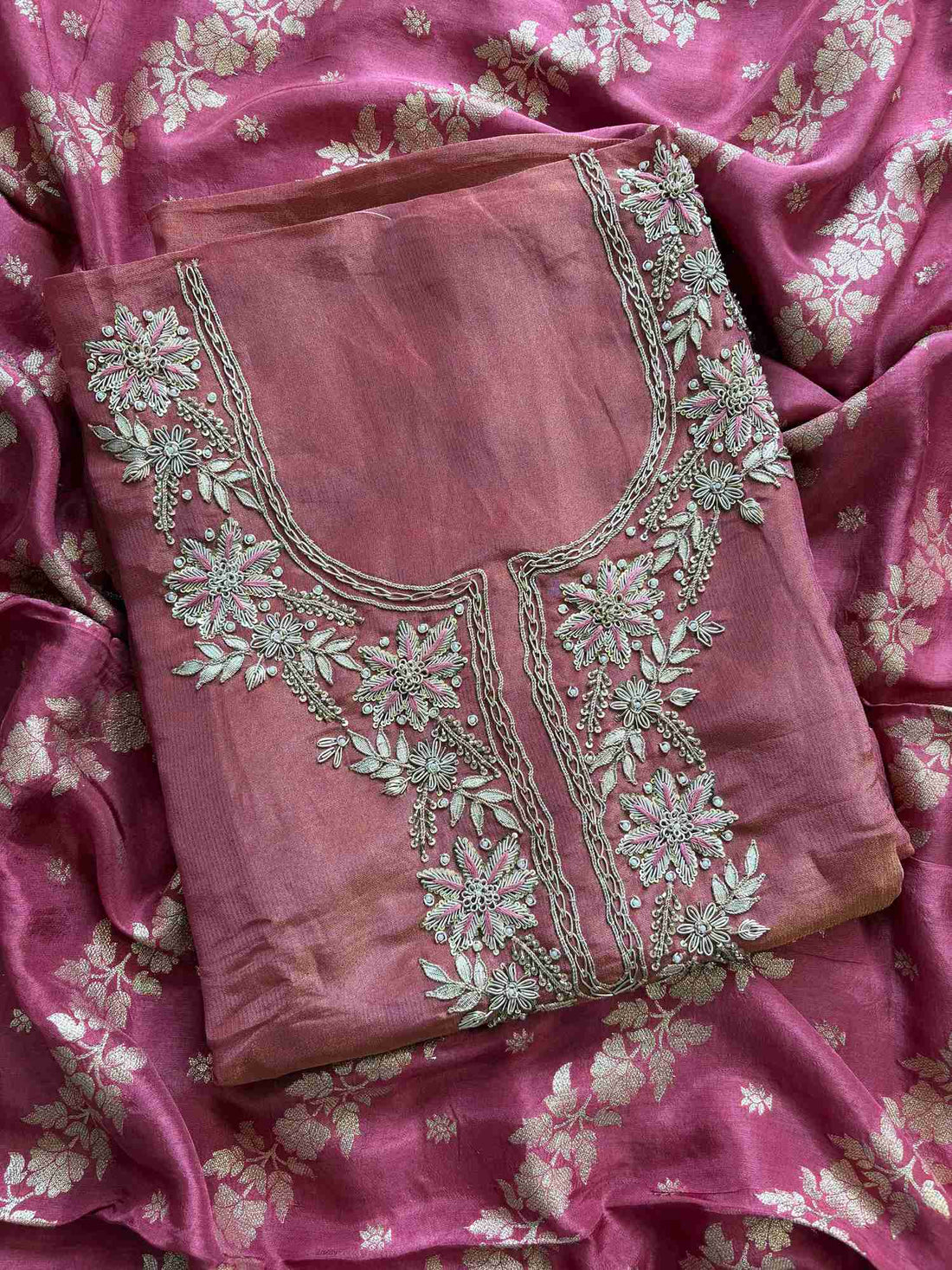satin organza pink unstitched suit with zardozi neckline