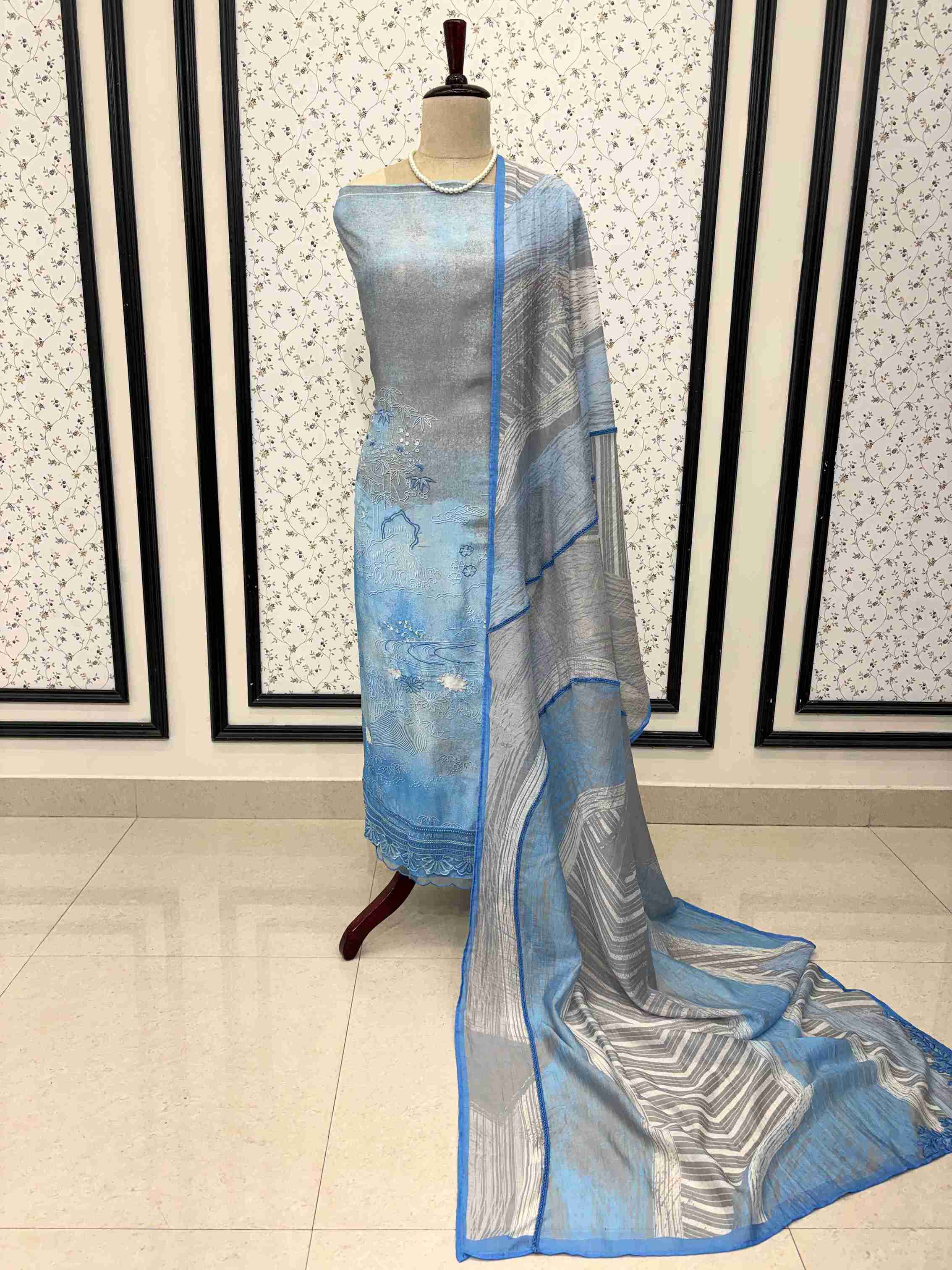Grey Blue Pure Muslin Digital Print Handwork Unstitched Suit Set