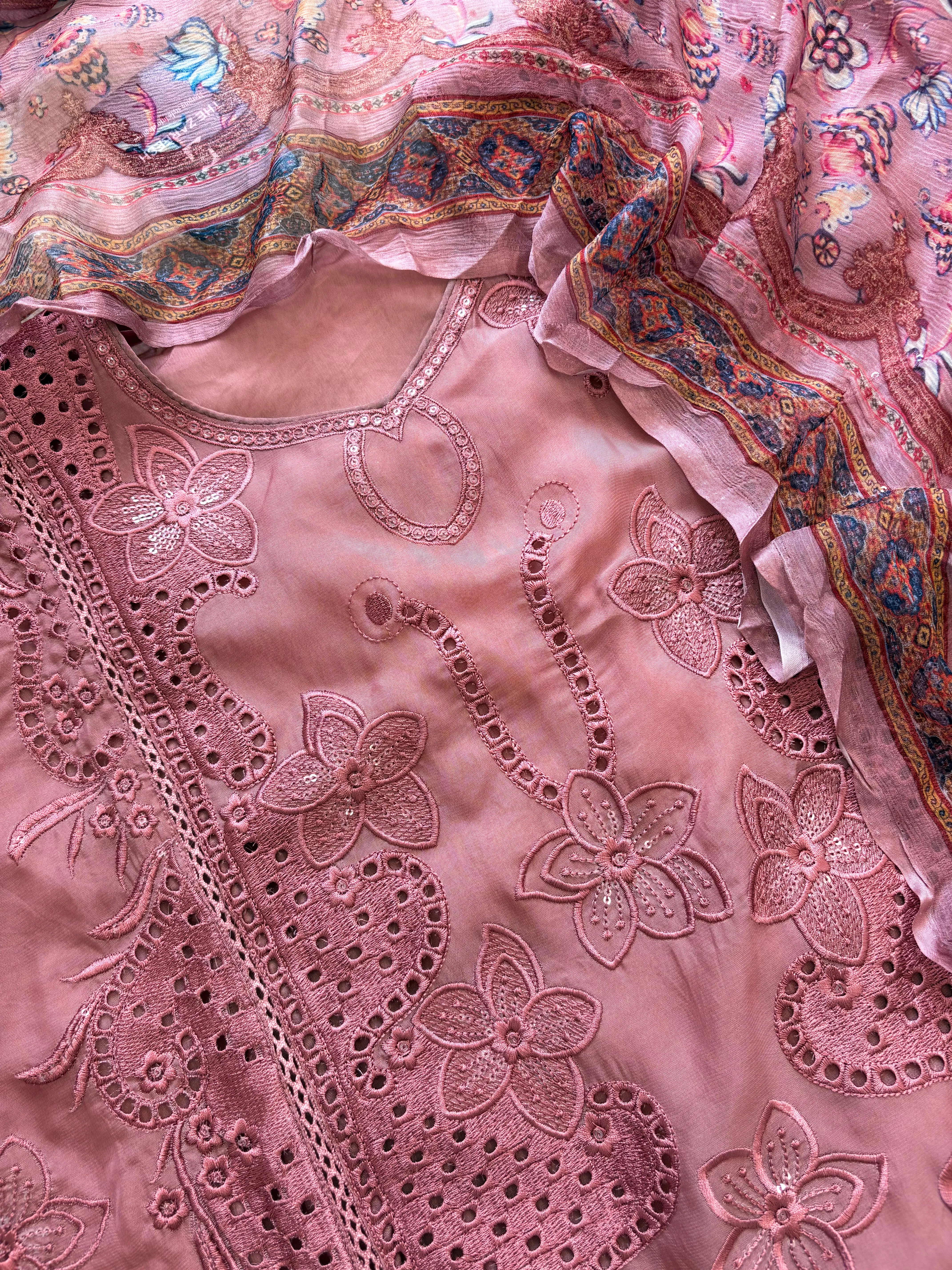 Soft Pink Organza unstitched suit with kashida work - The Zareesh