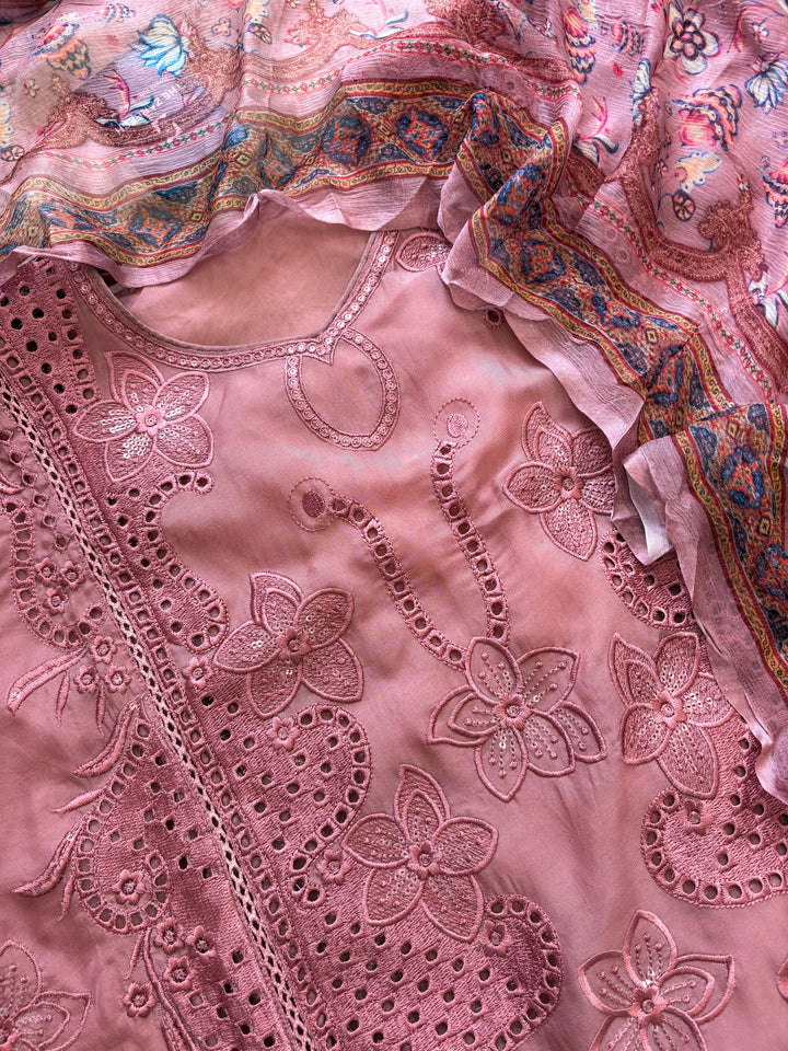 Soft Pink Organza unstitched suit with kashida work - The Zareesh