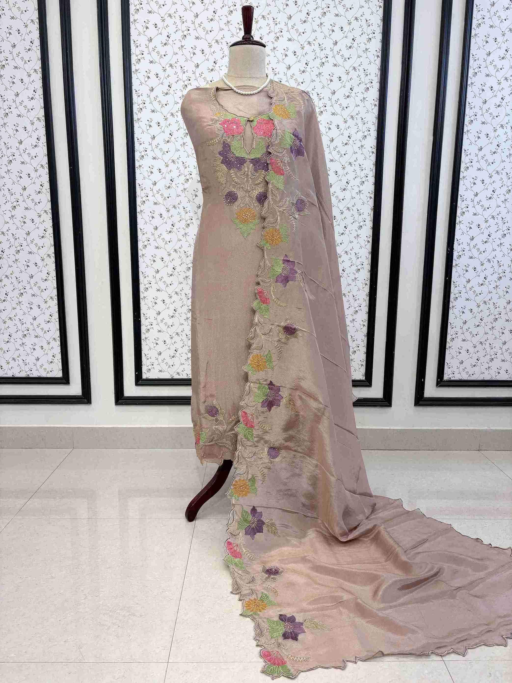 Festive champagne shimmer organza unstitched suit set with dupatta