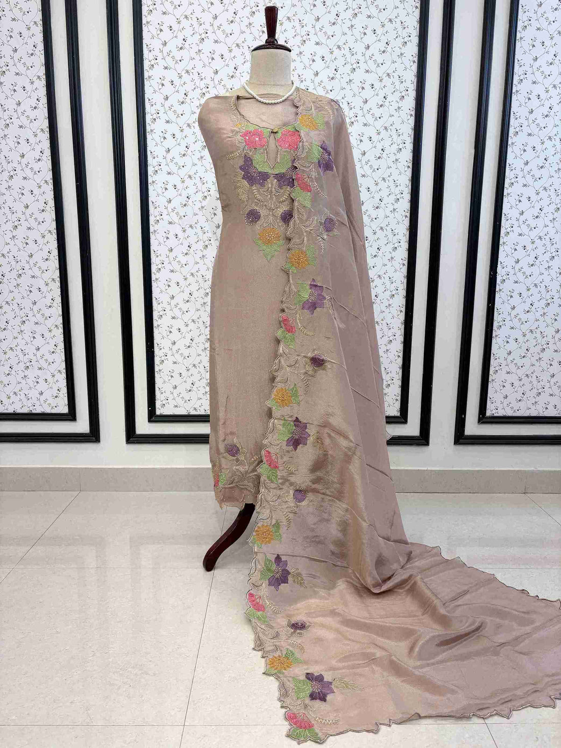 Festive champagne shimmer organza unstitched suit set with dupatta