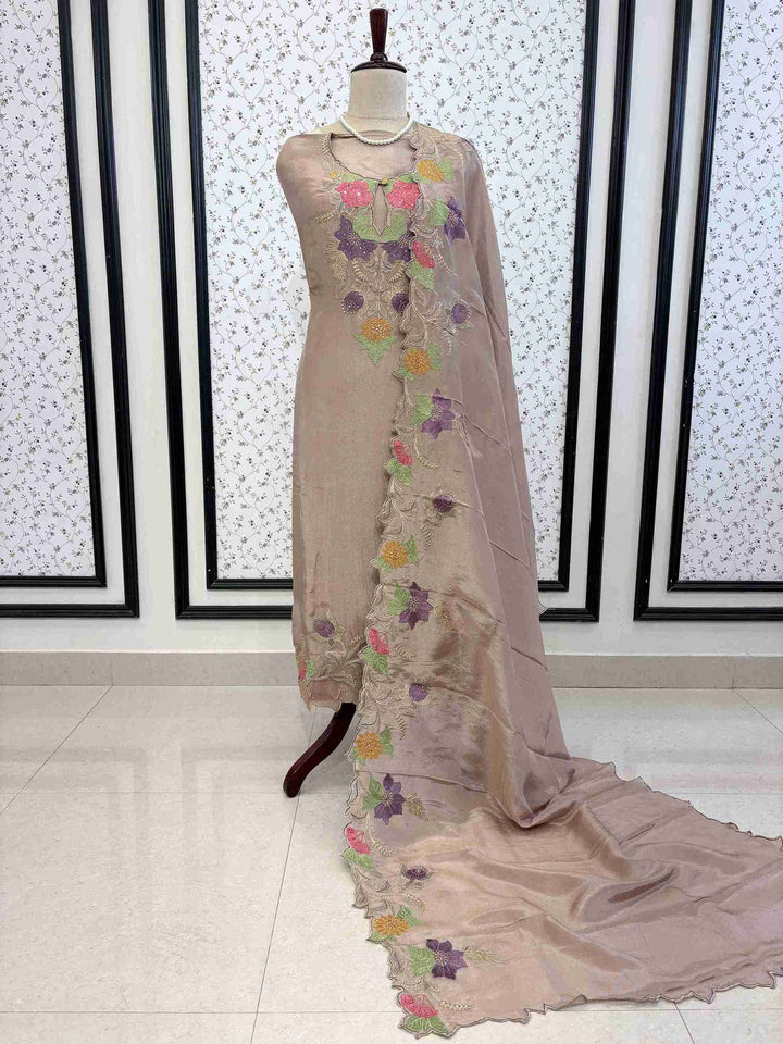 Festive champagne shimmer organza unstitched suit set with dupatta