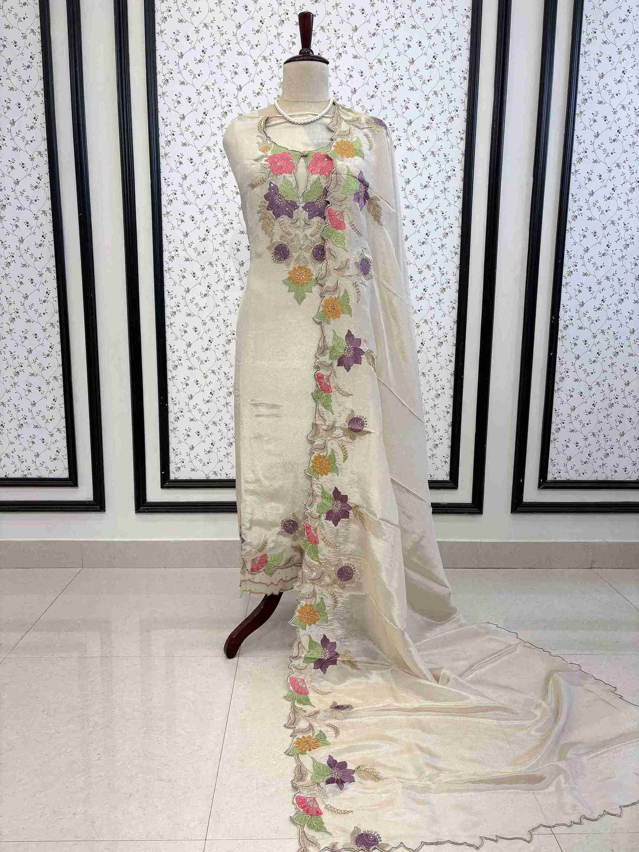 Festive Ivory shimmer organza unstitched suit set with dupatta