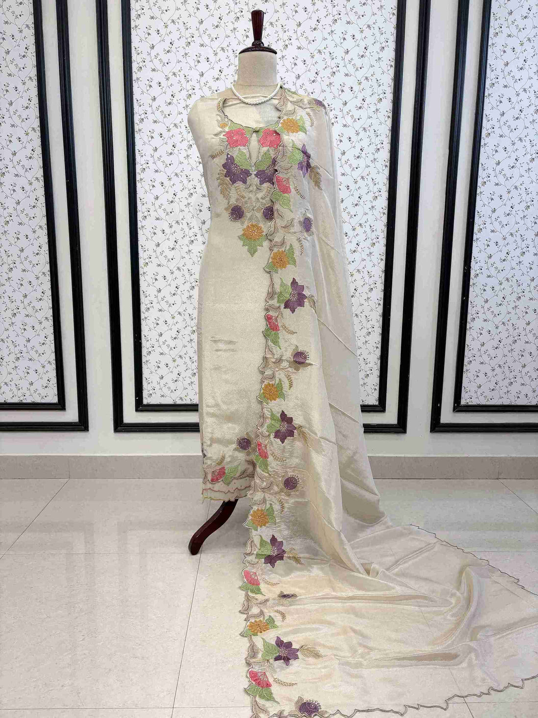 Festive Ivory shimmer organza unstitched suit set with dupatta