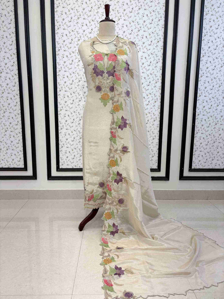 Festive Ivory shimmer organza unstitched suit set with dupatta