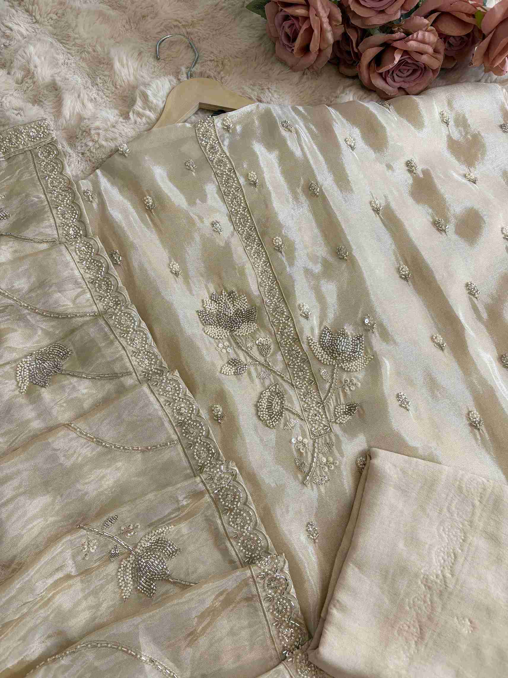 Gulnaar Glow: Blush Pure Soft Tissue Unstitched Suit with Glitter Neck & Hand Embroidered Dupatta