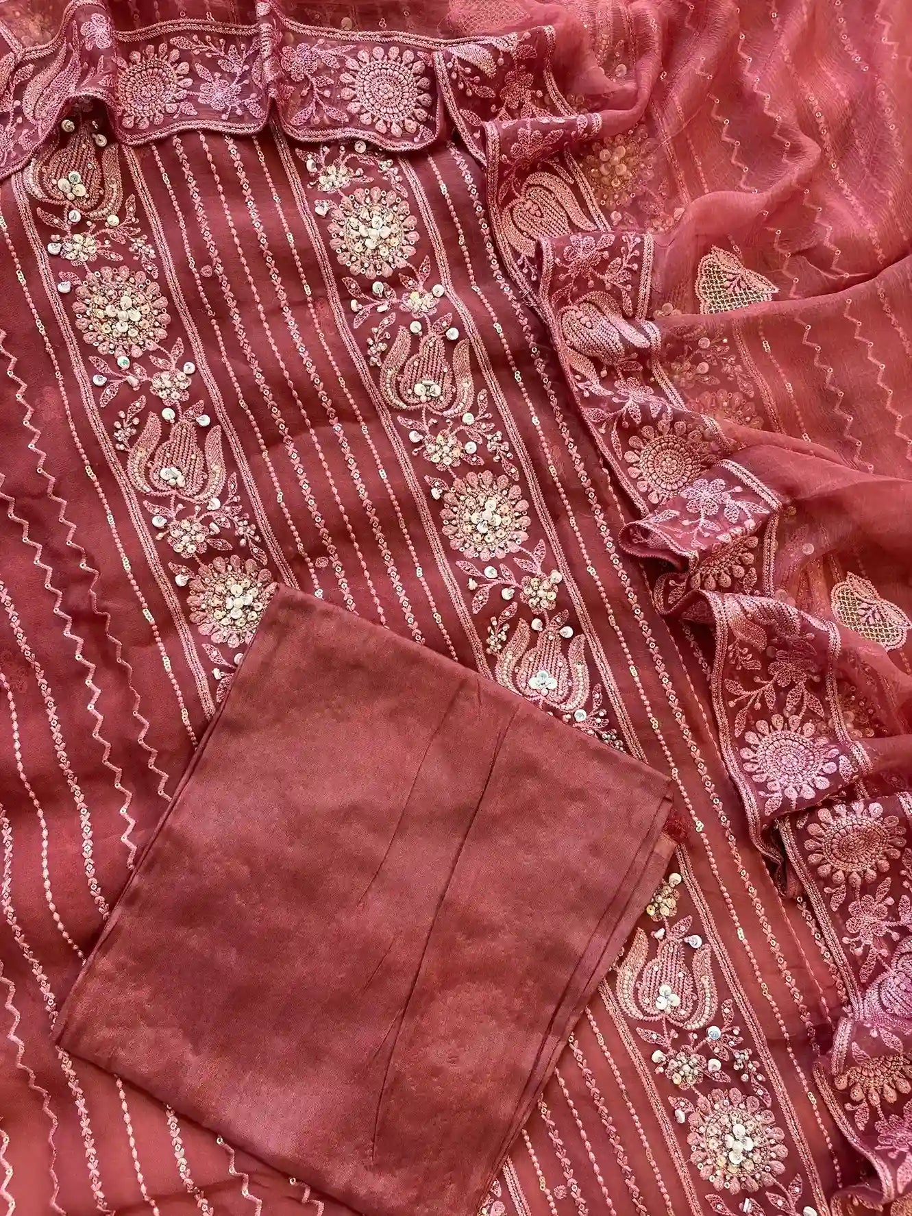 rosewood wine party wear georgette chikankari unstitched suit for women