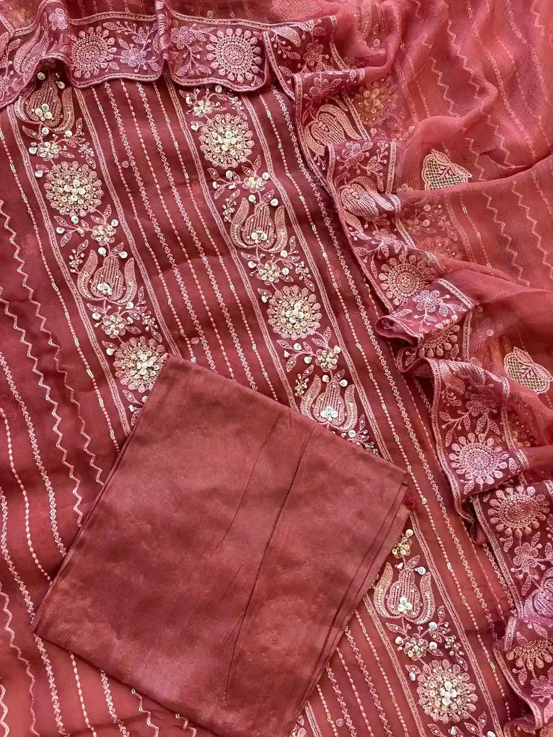 rosewood wine party wear georgette chikankari unstitched suit for women