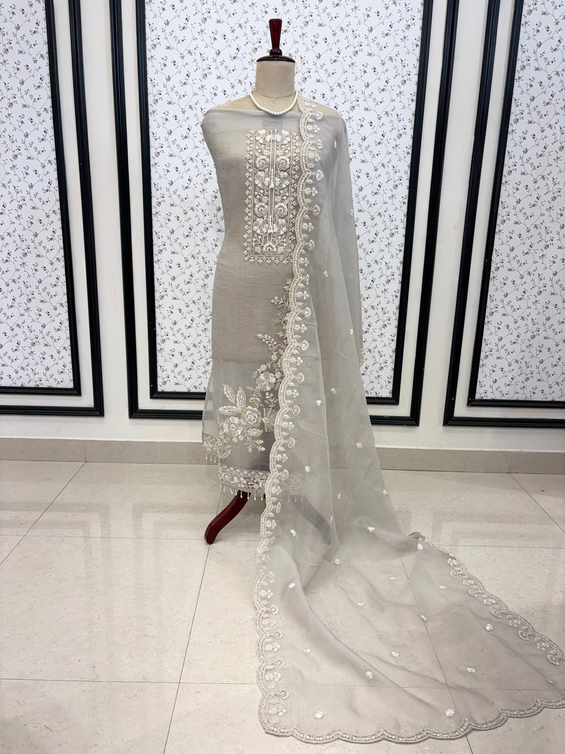 Scattered floral embroidery motifs on soft lavender marble chiffon dupatta