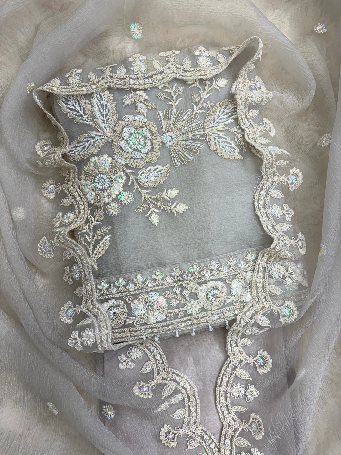 Fog grey marble chiffon unstitched suit with heavy embroidery