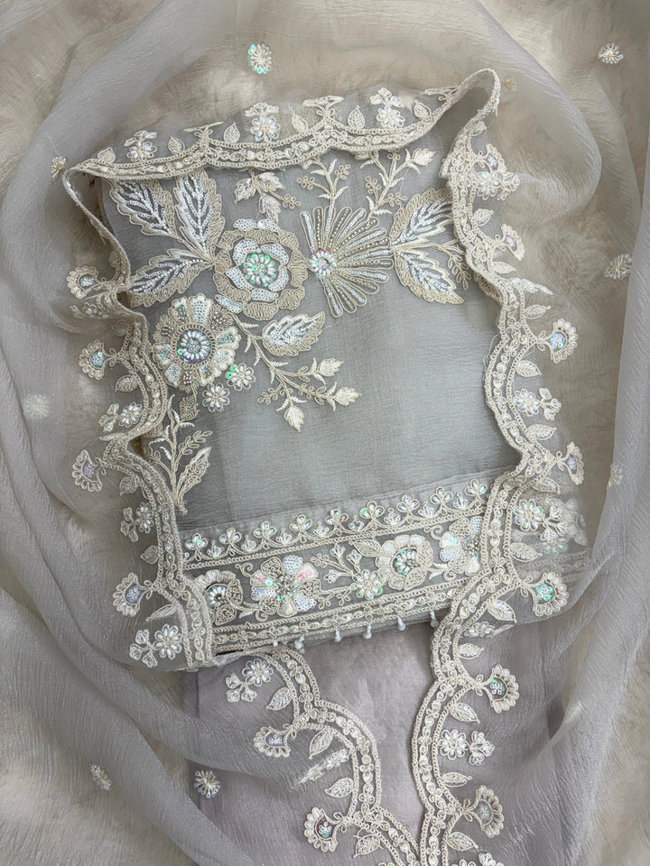 Fog grey marble chiffon unstitched suit with heavy embroidery