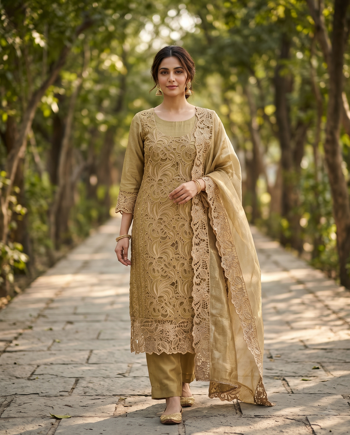 Gold Champagne shimmer tissue unstitched suit with full cutwork panel shirt and cutwork dupatta