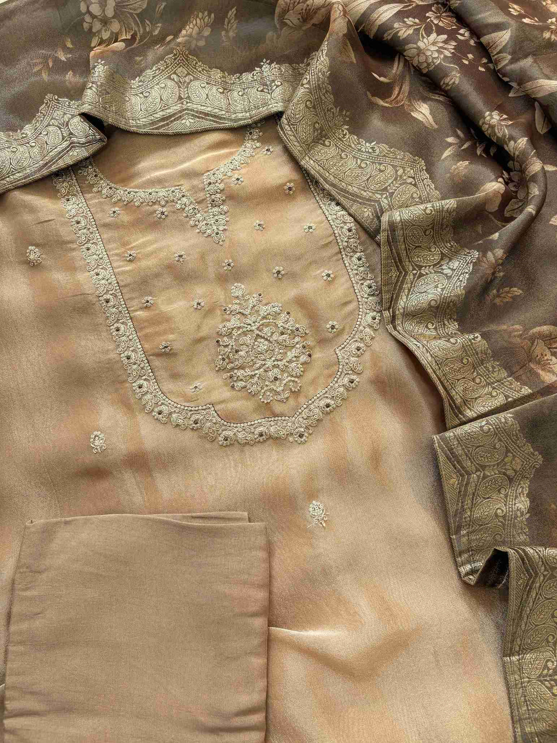 Festive gold organza suit set with embroidery and artistic multicolour organza drape