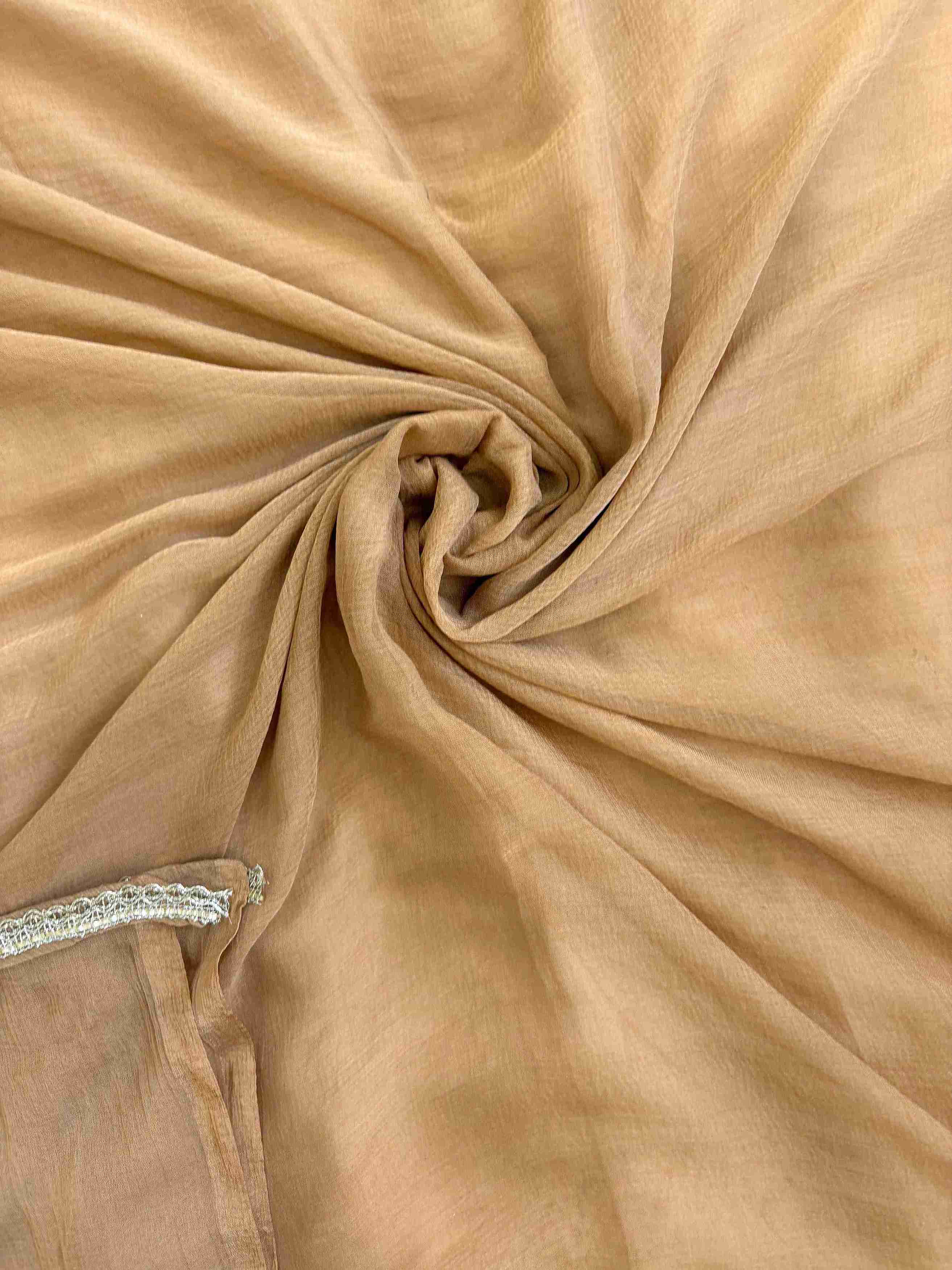 Golden beige chiffon dupatta with lace-finished hemline border