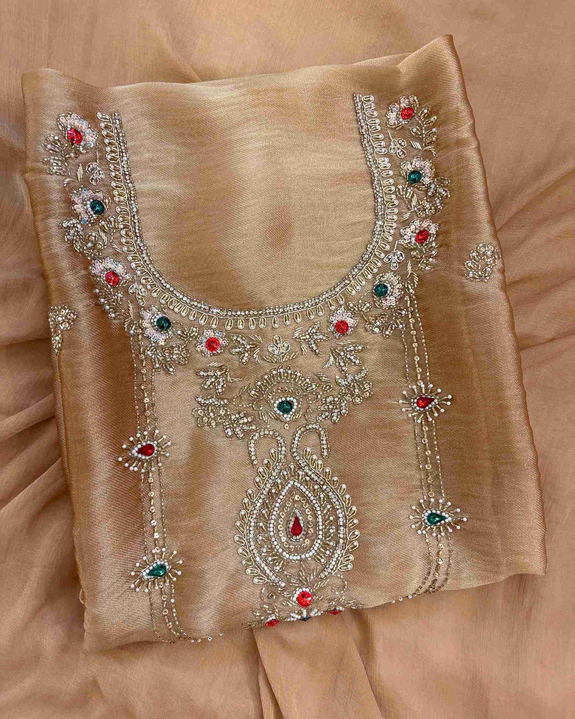 Golden beige cotton silk bottom fabric flatlay