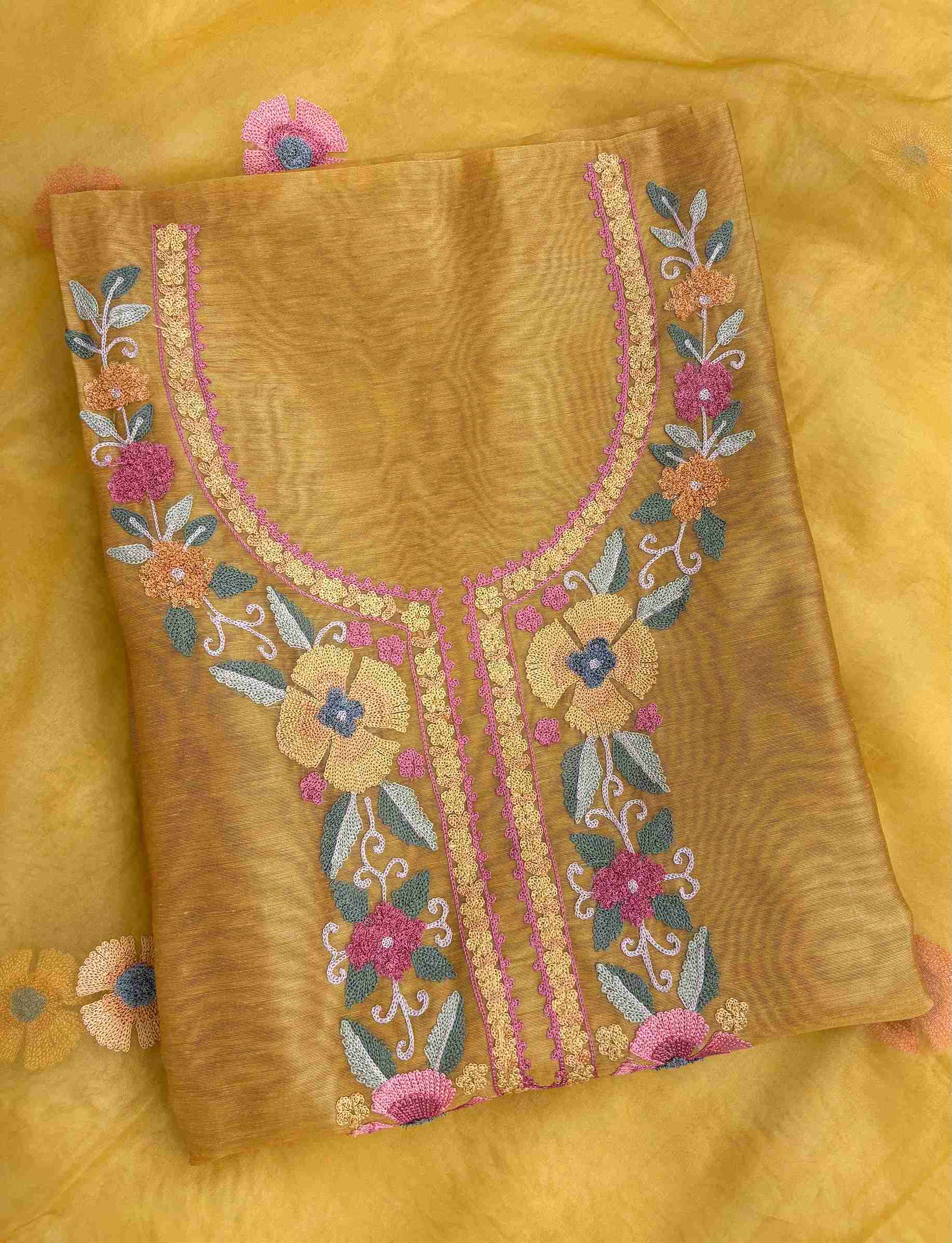Close-up of floral aari embroidery on golden yellow Chanderi suit neckline