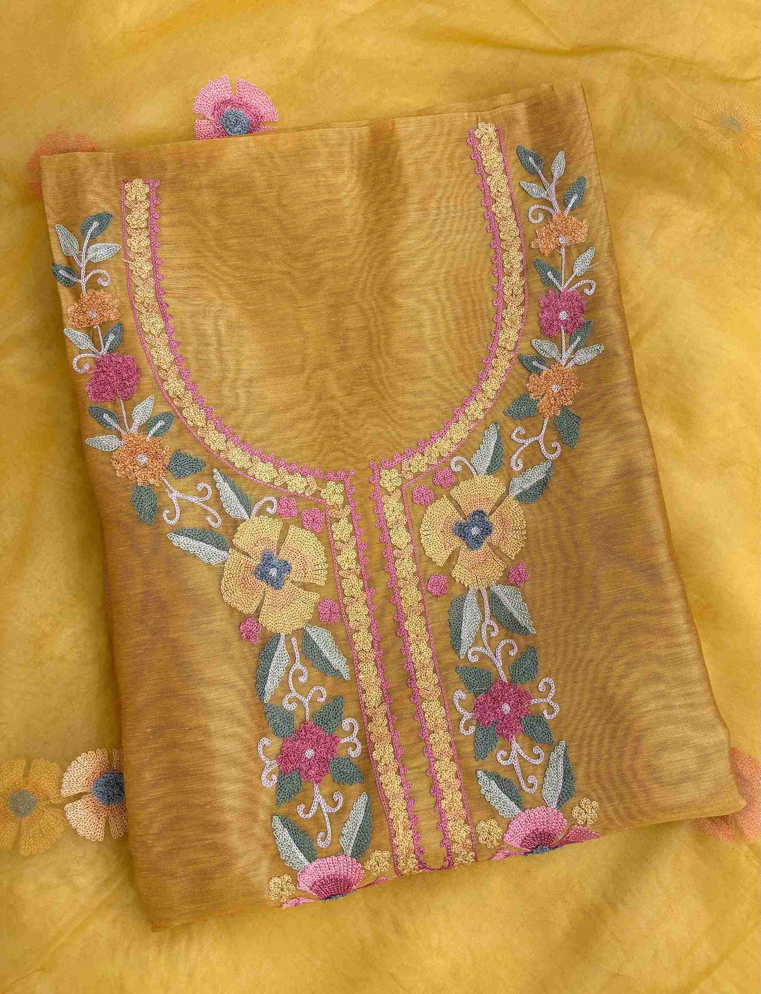 Close-up of floral aari embroidery on golden yellow Chanderi suit neckline