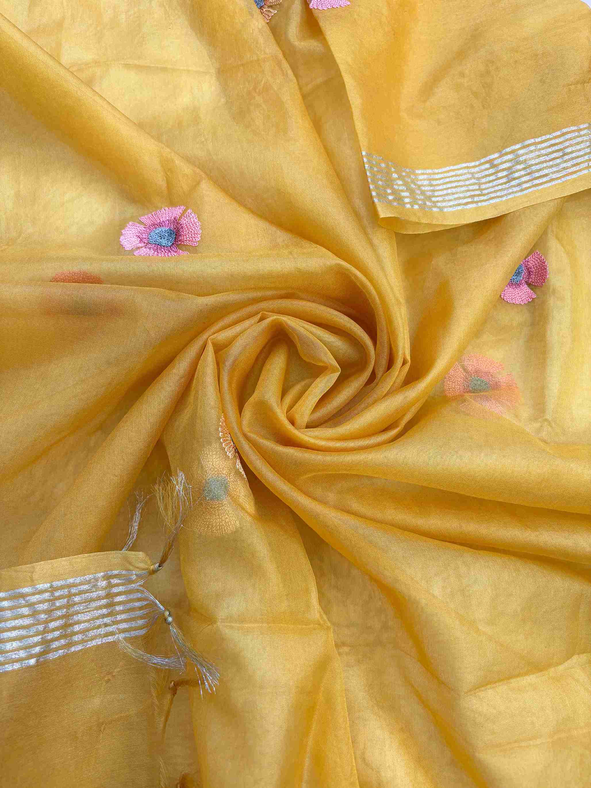 Golden yellow organza dupatta with embroidered florals and silver striped border