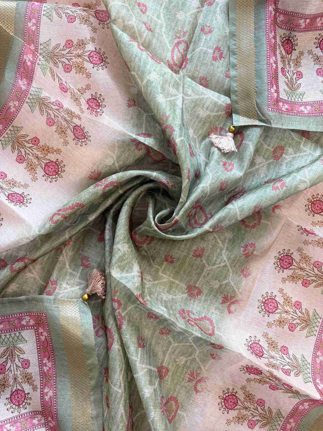 Green Chanderi dupatta with printed floral border and woven edge