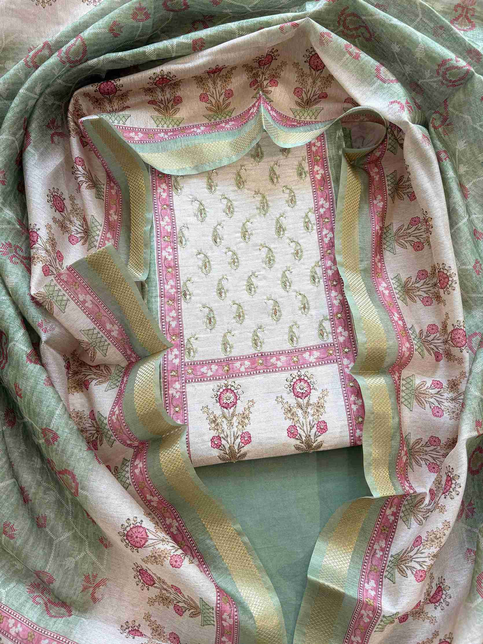 Close-up of contrast yoke with floral pot motif on green Chanderi suit