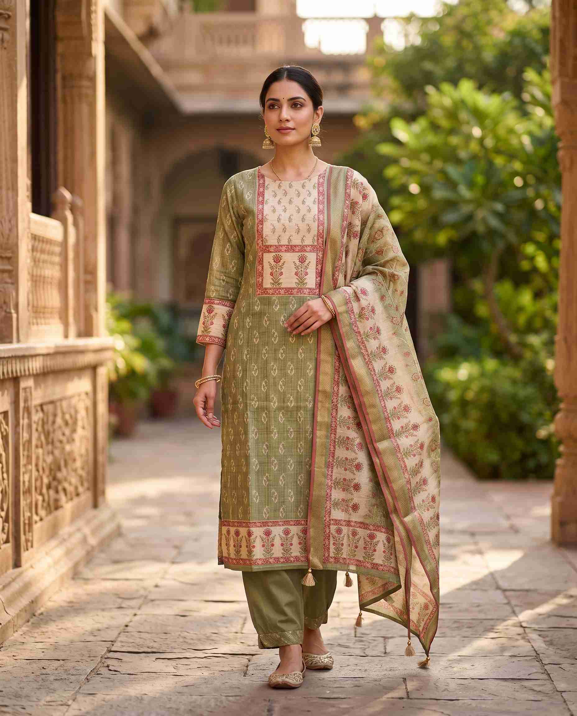 Green Chanderi unstitched suit with paisley print and printed dupatta