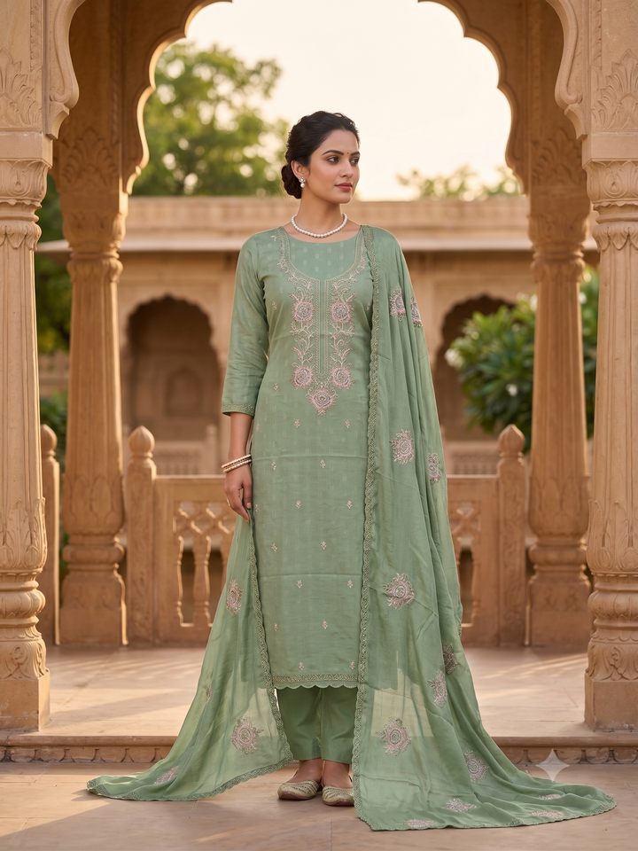 Model wearing green cotton unstitched suit with embroidered dupatta