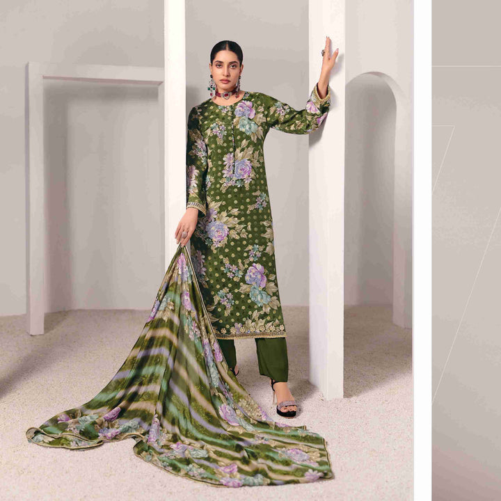 green muslin unstitched suit full front view worn by model with chinnon dupatta draped