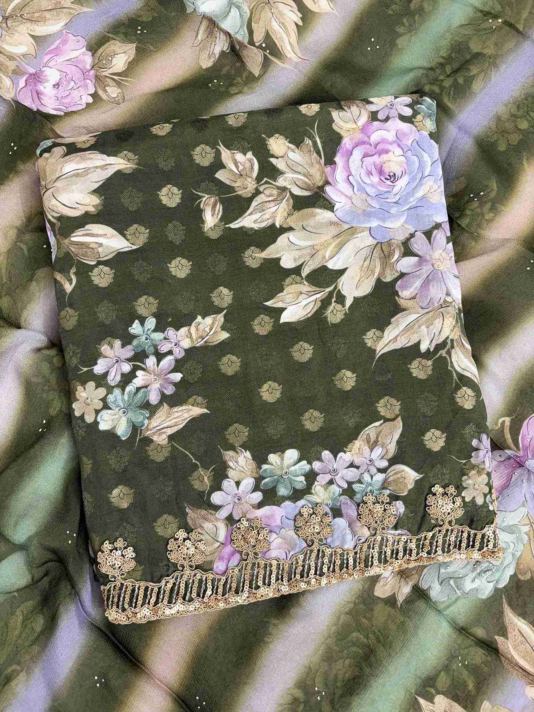 Round neckline detail on green digital print muslin unstitched shirt