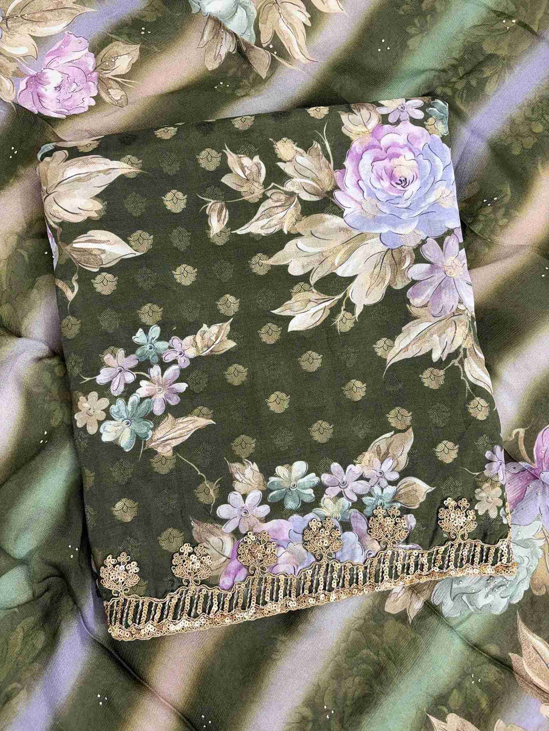 Round neckline detail on green digital print muslin unstitched shirt