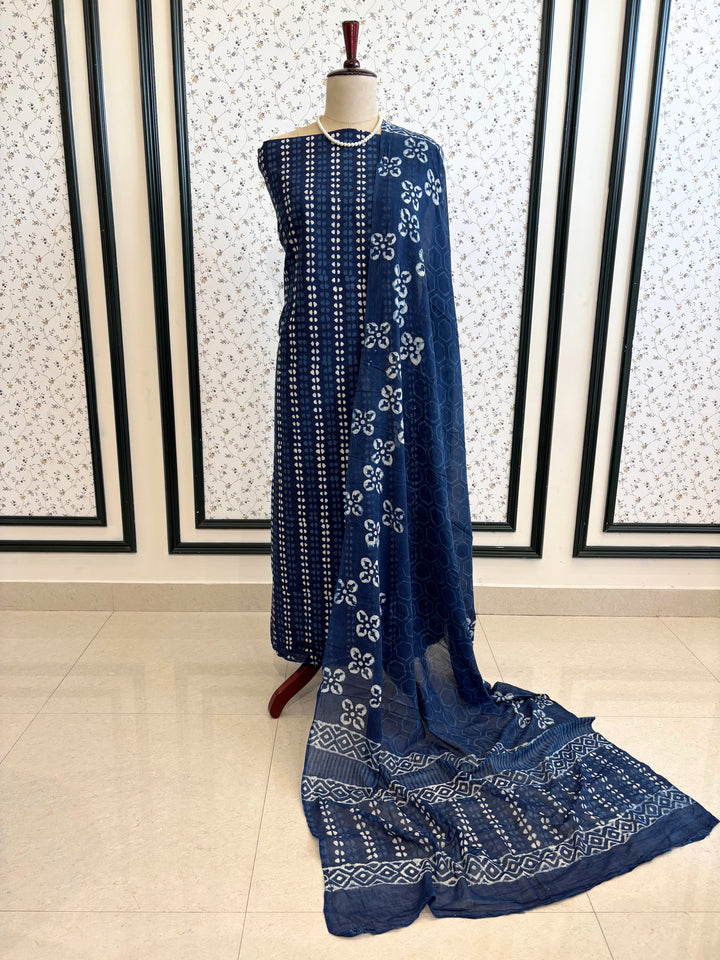 Hand block printed cotton unstitched suit set displayed on mannequin with Jaipuri printed dupatta
