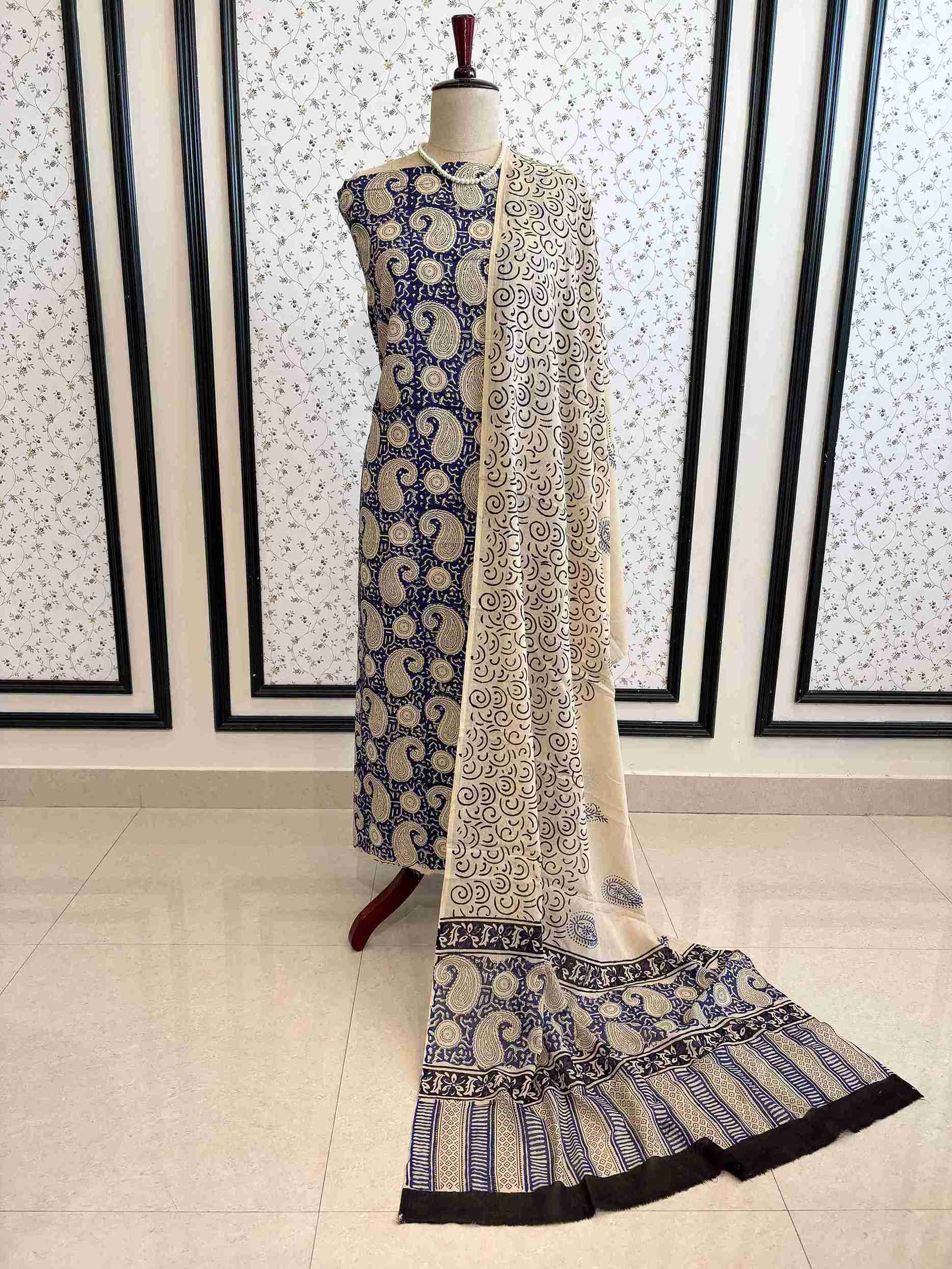 aipuri handblock printed cotton unstitched suit displayed on mannequin