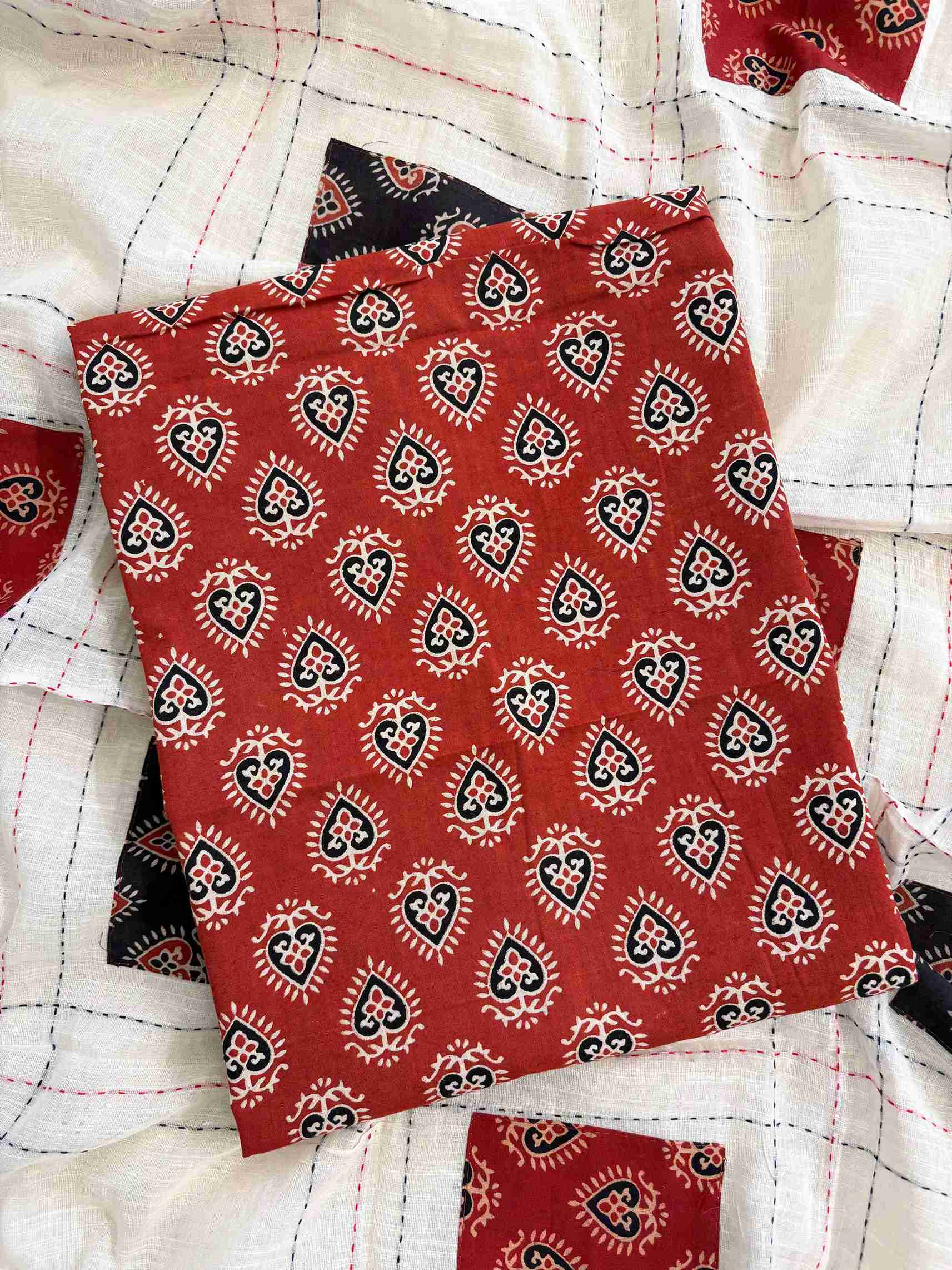 Detailed texture view of handblock printed pure cotton fabric