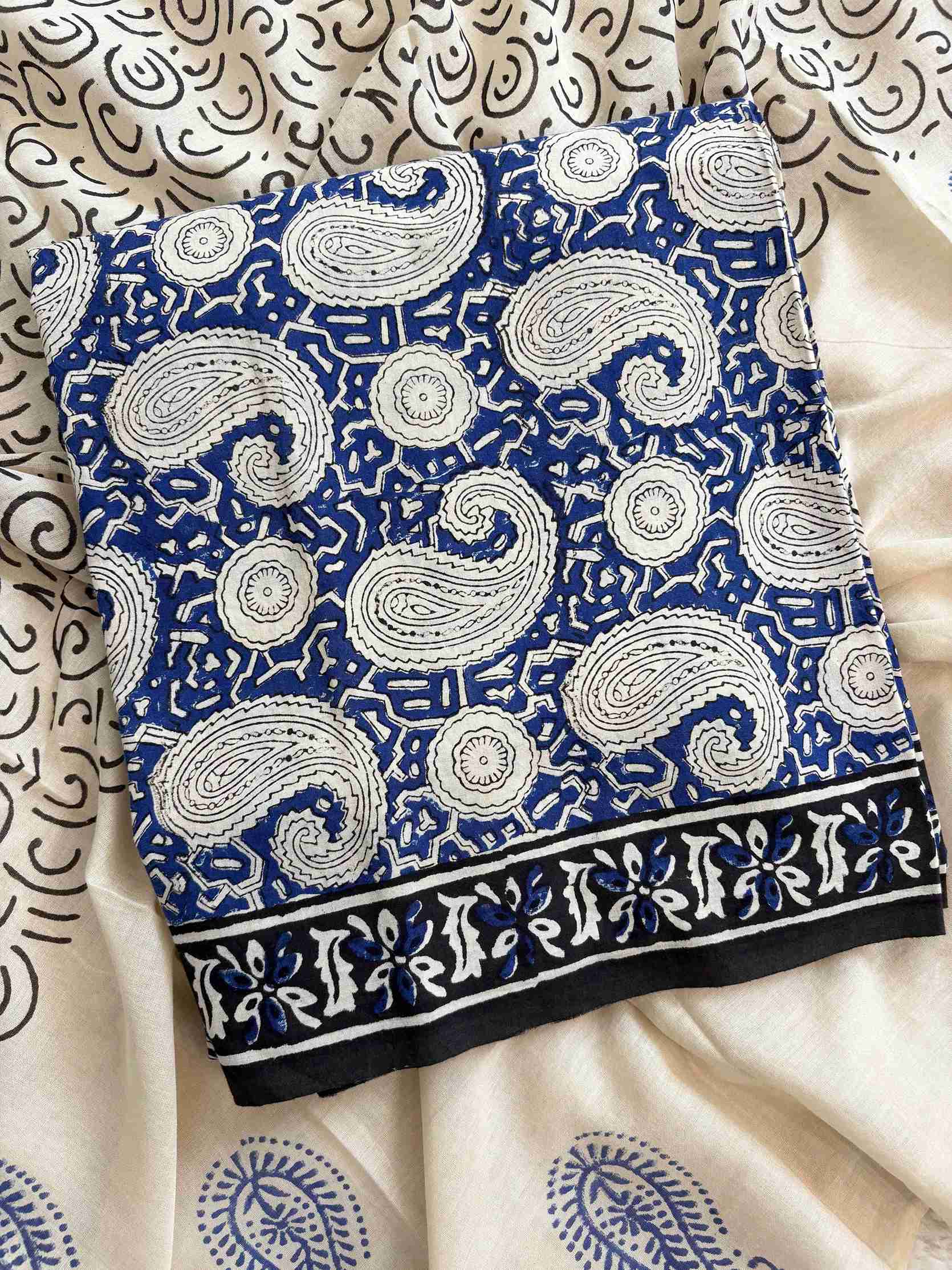 Blue paisley jaipuri handblock printed cotton kurta fabric close-up